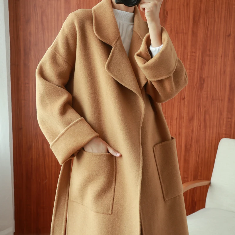 

2023 Camel Color Women Thick Double-sided Wool Coat Long Warm Water Ripple Lapel Wool Jacket Belt Loose Fashion New Fit Spring A