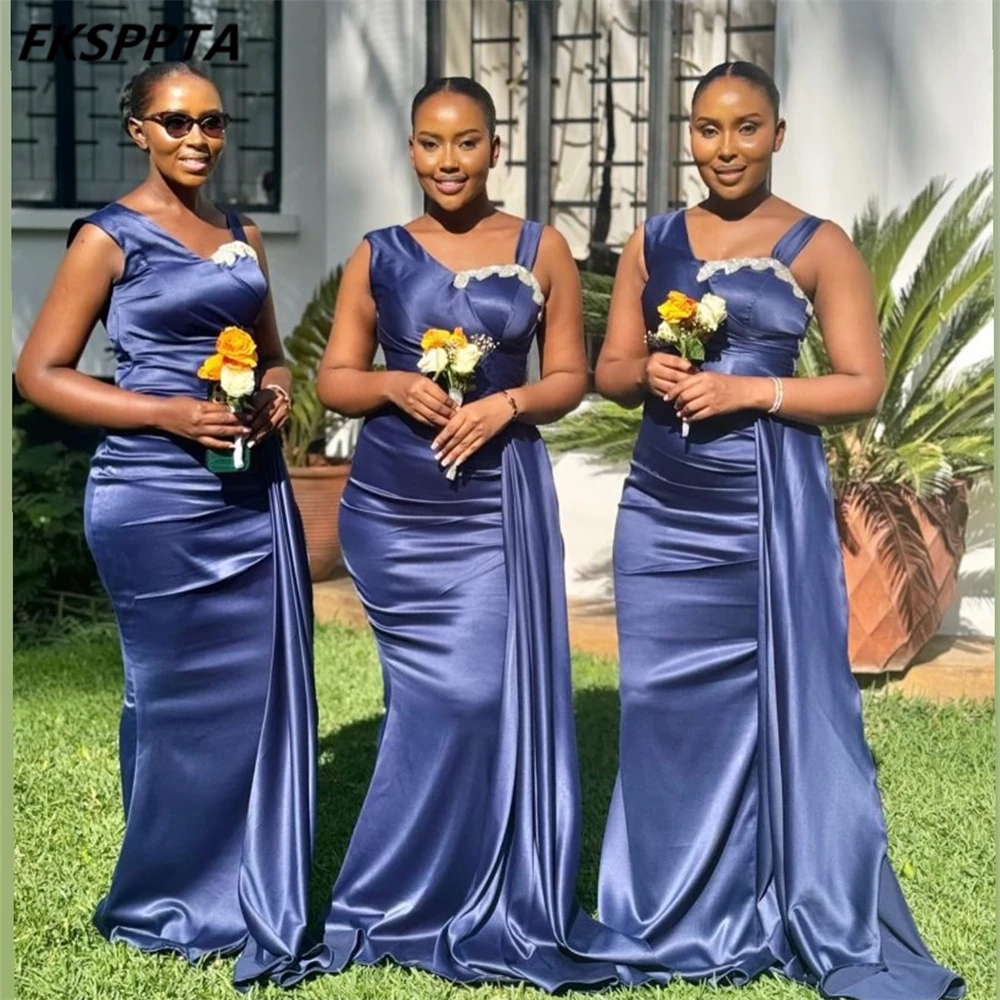 

Wholesale Navy Blue African Bridesmaid Dresses Mermaid Spaghetti Strap Corset Back Satin Crystals Customized Wedding Party Gowns