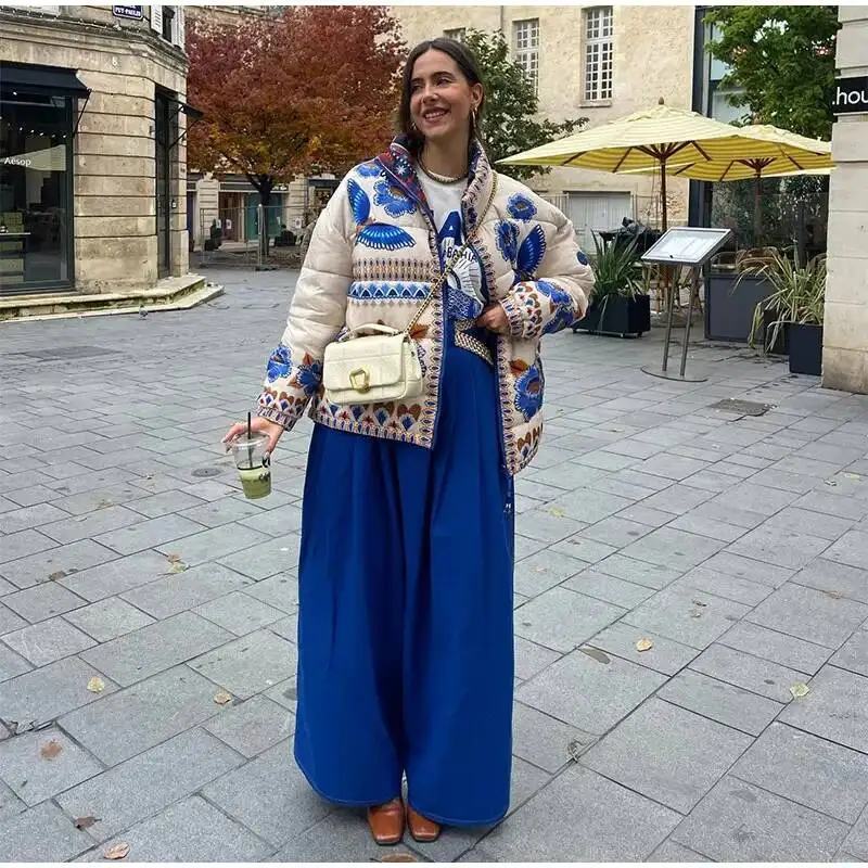 

Fashion Colorful Printed Long Sleeves Padded Jacket Women Elegant Lapel Pockets Cotton Coat Autumn Lady Outerwear Clothes