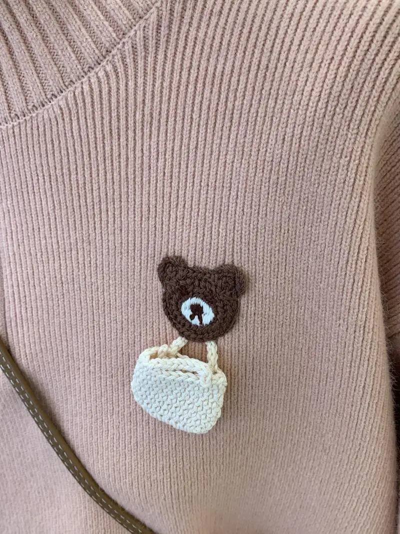 Zip Stand Turtleneck Sweater Preppy College Sweet Women Long Sleeve Knitwear Pullover Korean Cute Bear Embroidery Winter Clothes