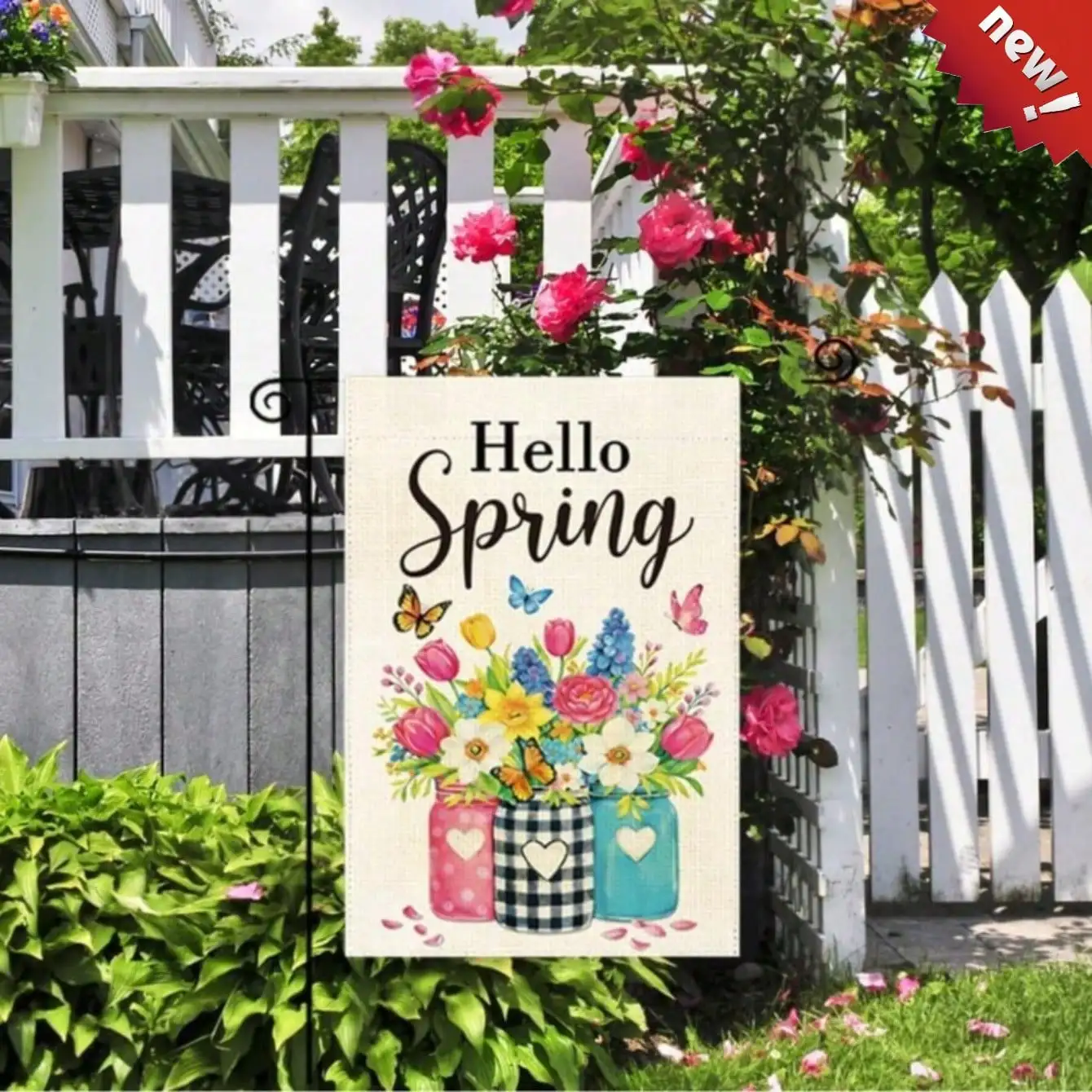 

Декоративный садовый флаг в стиле фермерского дома, двусторонний, винтажный, с надписью «Добро пожаловать, весна», с цветами, бабочками и банкой Мейсона, красочный флаг из мешковины