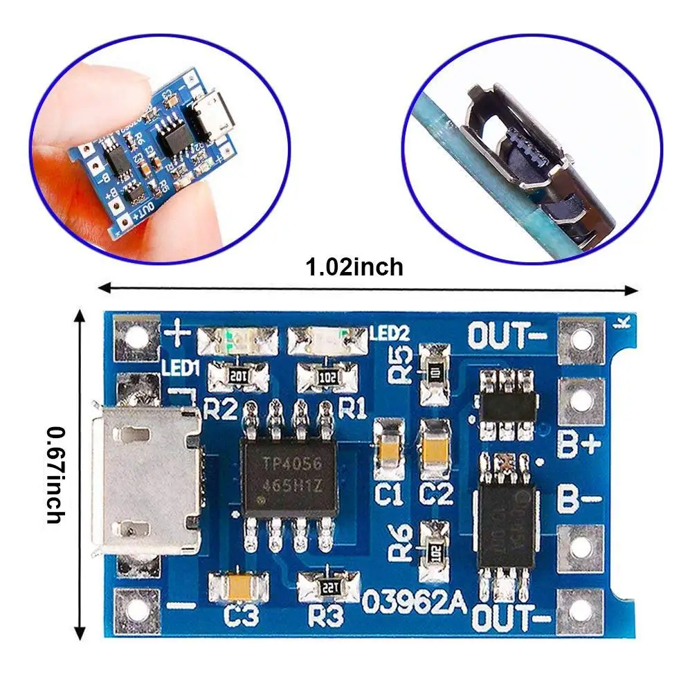 Type-C Micro Mini 5V1A 18650 TP4056 Lithium Battery Charger Module Charging Board With Protection Dual Functions 1A Li-ion