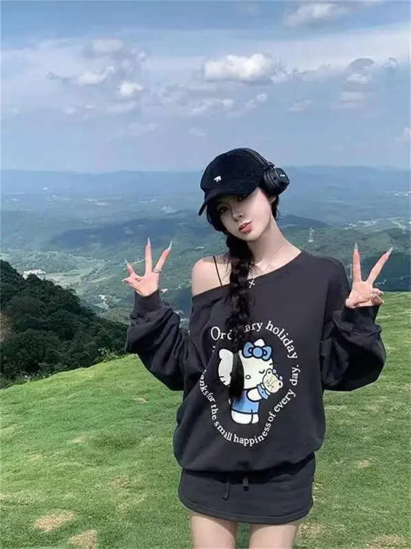 Sanrio новая милая толстовка с рисунком «Hello Kitty», толстовка с длинными рукавами и открытыми плечами для девочек, свободная толстовка с принтом на весну и осень