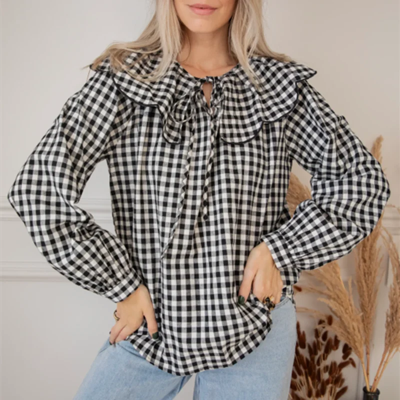 

2025 Women's Spring and Autumn Style Plaid Blouses Shirts Lady Casual Ruffled Tie-up Shirt