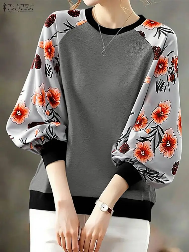 Stylish Women Sweatshirts ZANZEA 2025 Autumn Long Sleeve Floral Print Pullover O Neck Knitted Sweatshirt Patchwork Hoodies Tops