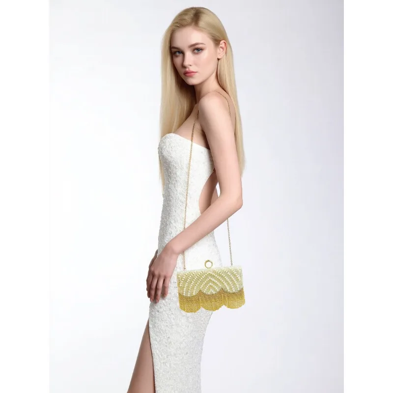 

New Women's Evening Dress Handbag Imitation Pearl Bead Water Diamond Tassel Handbag Luxury Shining Banquet Ball Shoulder Bag