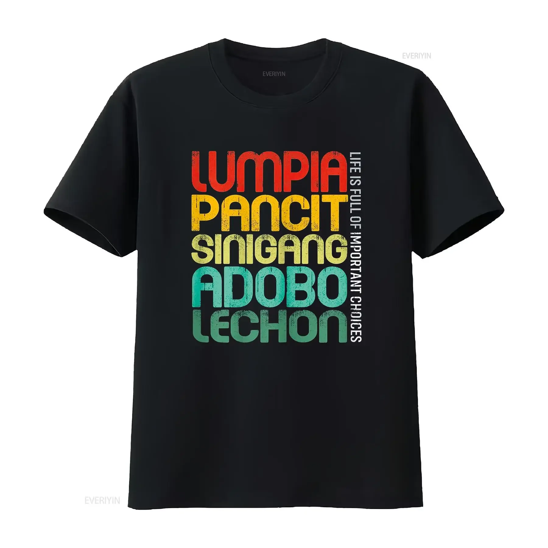 Camiseta vintage con estampado de comida filipina (Lumpia, Pancit, Sinigang, Adobo, Lechon), lavada, versátil y elegante, para uso diario.