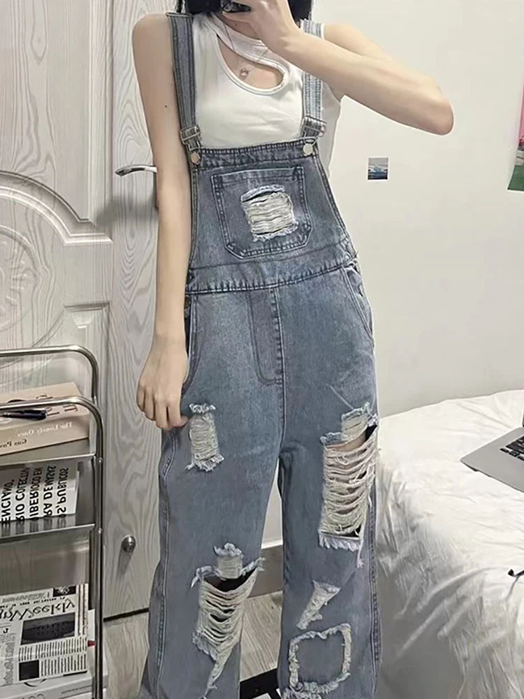 

Fashion Ripped Holes Tassels Denim Pants Women Overalls Summer Casual Loose High Waist Suspender Trousers Female Jumpsuit Jeans