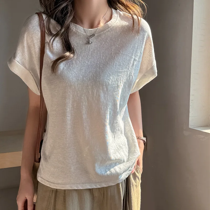 

Женская футболка в корейском стиле с круглым вырезом и короткими рукавами, высококачественная, с дизайнерским декором на талии, универсальная, из чистого хлопка