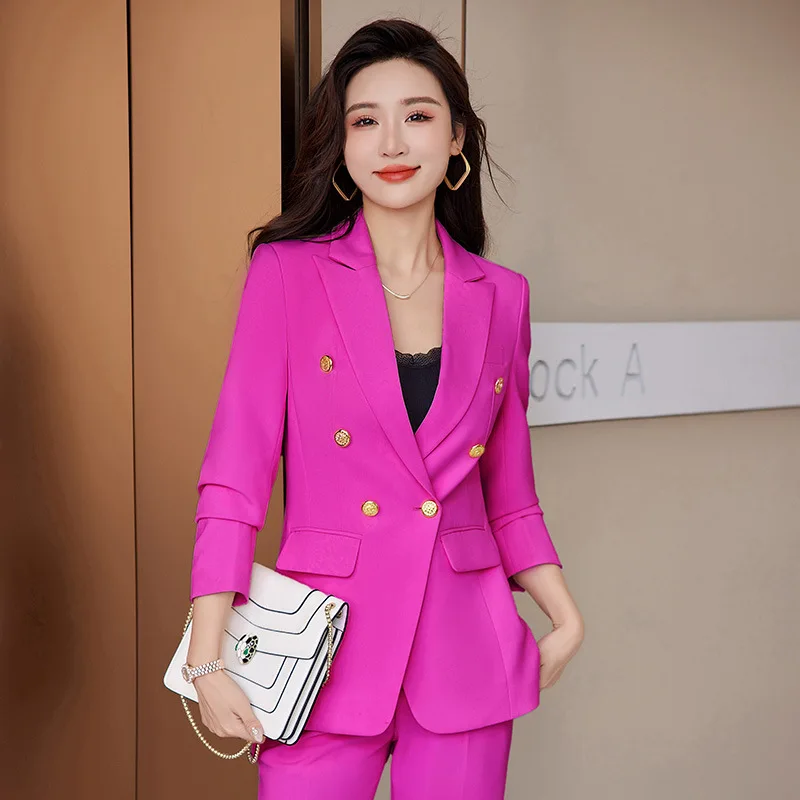 

Women Blazer Coat 2024 New Notched Neck Double Breasted Slim Pants Suit Office Lady Elegant Fashion Casual Business Suits