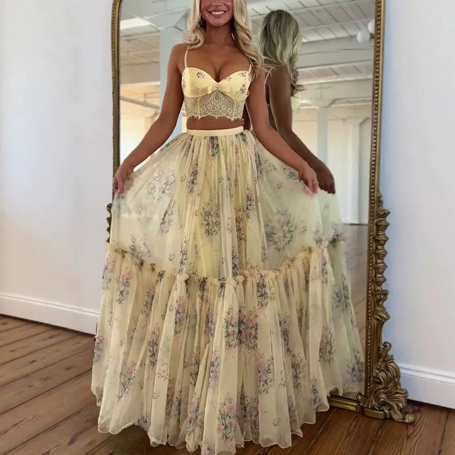 

Vacation Style Skirt Two Piece Set Women Sexy V-neck See Through Lace Patchwork Camisole Chiffon Print Skirts 2 Piece Sets New