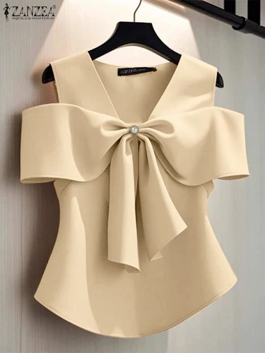 Imagen 2 del producto ZANZEA-Blusa con pajarita para mujer, camisa de trabajo OL elegante y lisa, Tops informales sin mangas con cuello de pico para vacaciones, Blusas elegantes para fiesta 2025