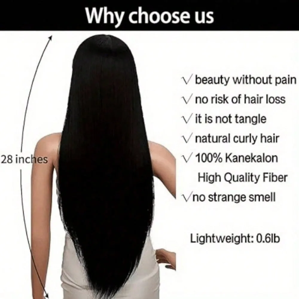 28in Black Long Straight Wig, High-Temperature Fiber Synthetic Hair with Rose Mesh Cap,  Smooth Straight Hair for Wome