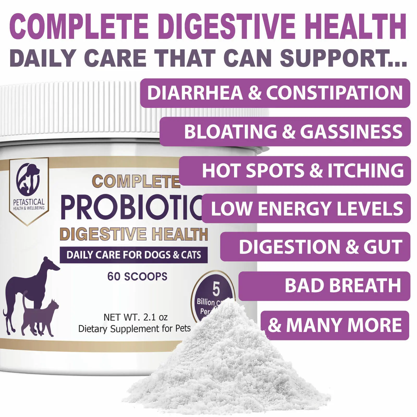 Petastical Complete Probiotic For Dogs And Cats, Digestive Health, Pet Daily Care, 2.1 oz