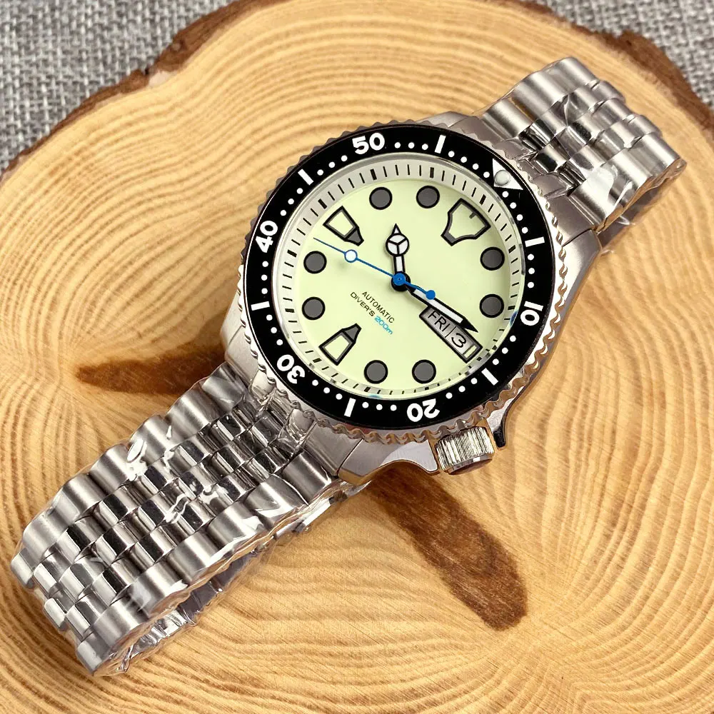 Tandorio 41mm SKX NH35A 20ATM Waterproof Dive Automatic Watch Men Green Luminous Dial Sapphire Glass Stainless Steel Bracelet