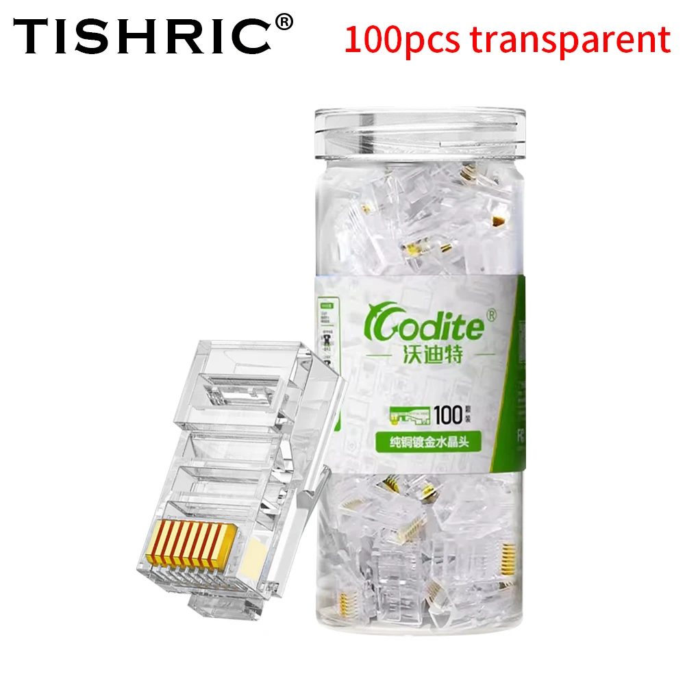 TISHRIC 100PCS RJ45 Ethernet Cables Module Plug Network Connector RJ-45 Crystal Heads Cat5 Transparent Cat5e Gold Plated Cable ﻿