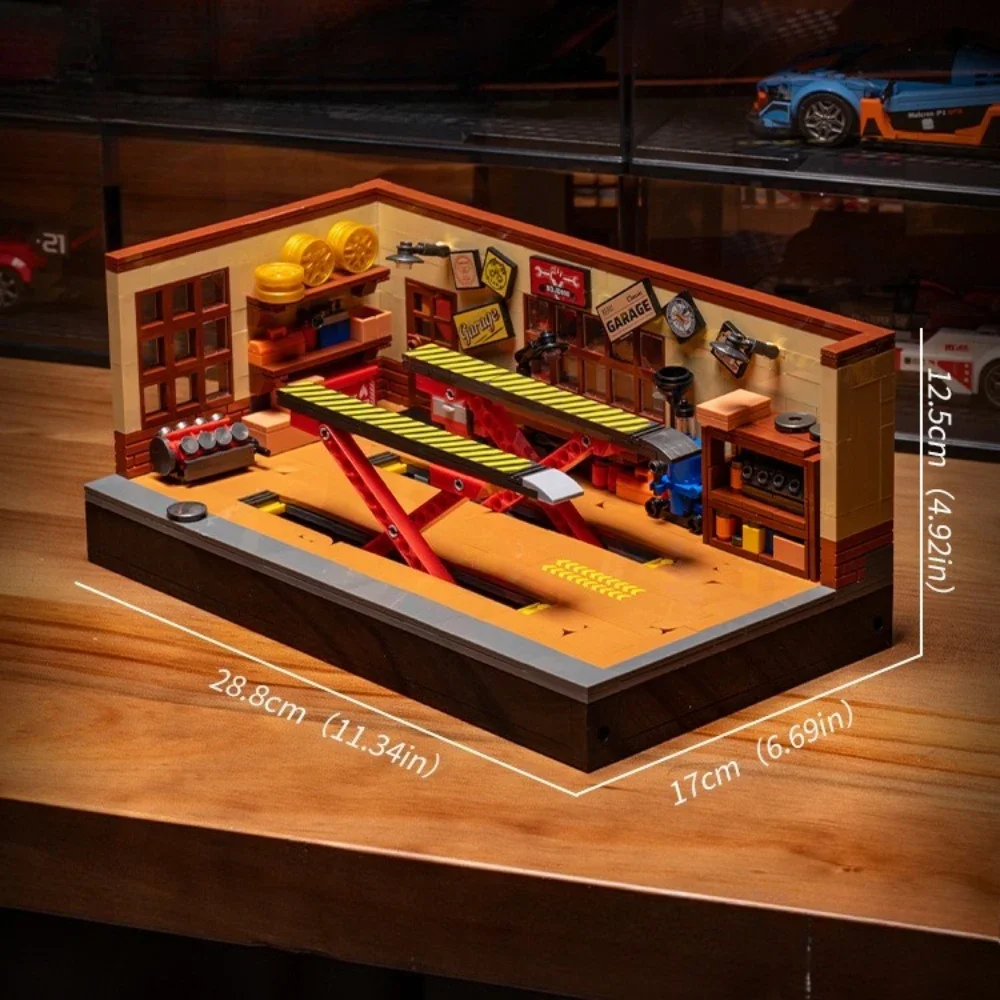 Vintage car repair shop tuning factory miniature street view assembly model building blocks toy garage kids adult gifts