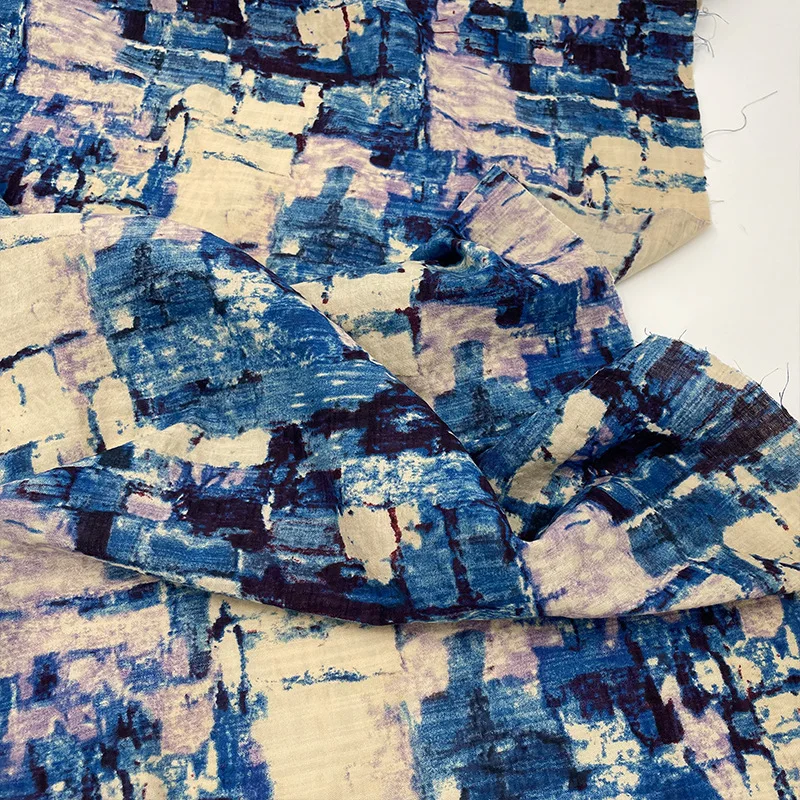 Vintage opaque distressed blue-toned cotton-linen graffiti-style tie-dye fabric for spring and summer pants and shirtsA