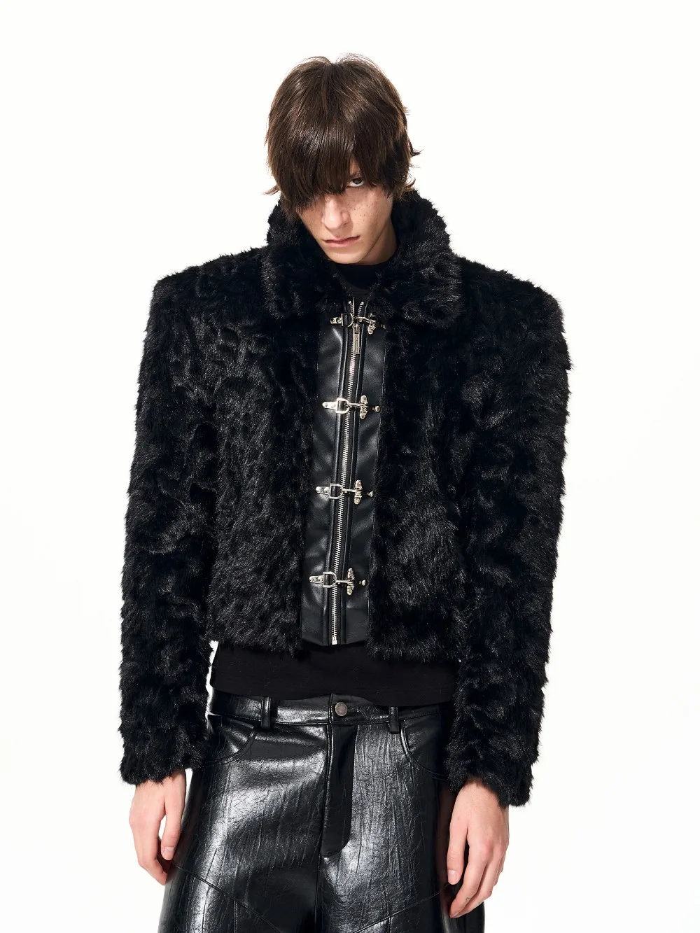 High Street Black Faux Fur Short Jacket Men's Winter Wear Metal Airplane Buckle Men's Padded Thick Fur Jacket