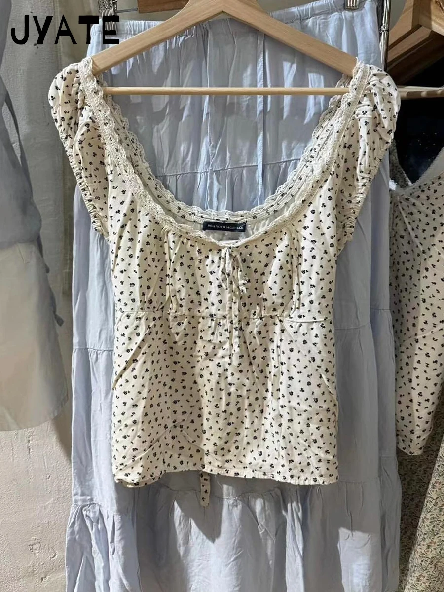 여성용 꽃 프린트 레이스업 코튼 티셔츠, 캐주얼 스퀘어 칼라, 퍼프 슬리브 티, 귀엽고 귀여운 빈티지 크롭탑, Y2K, 여름 신상