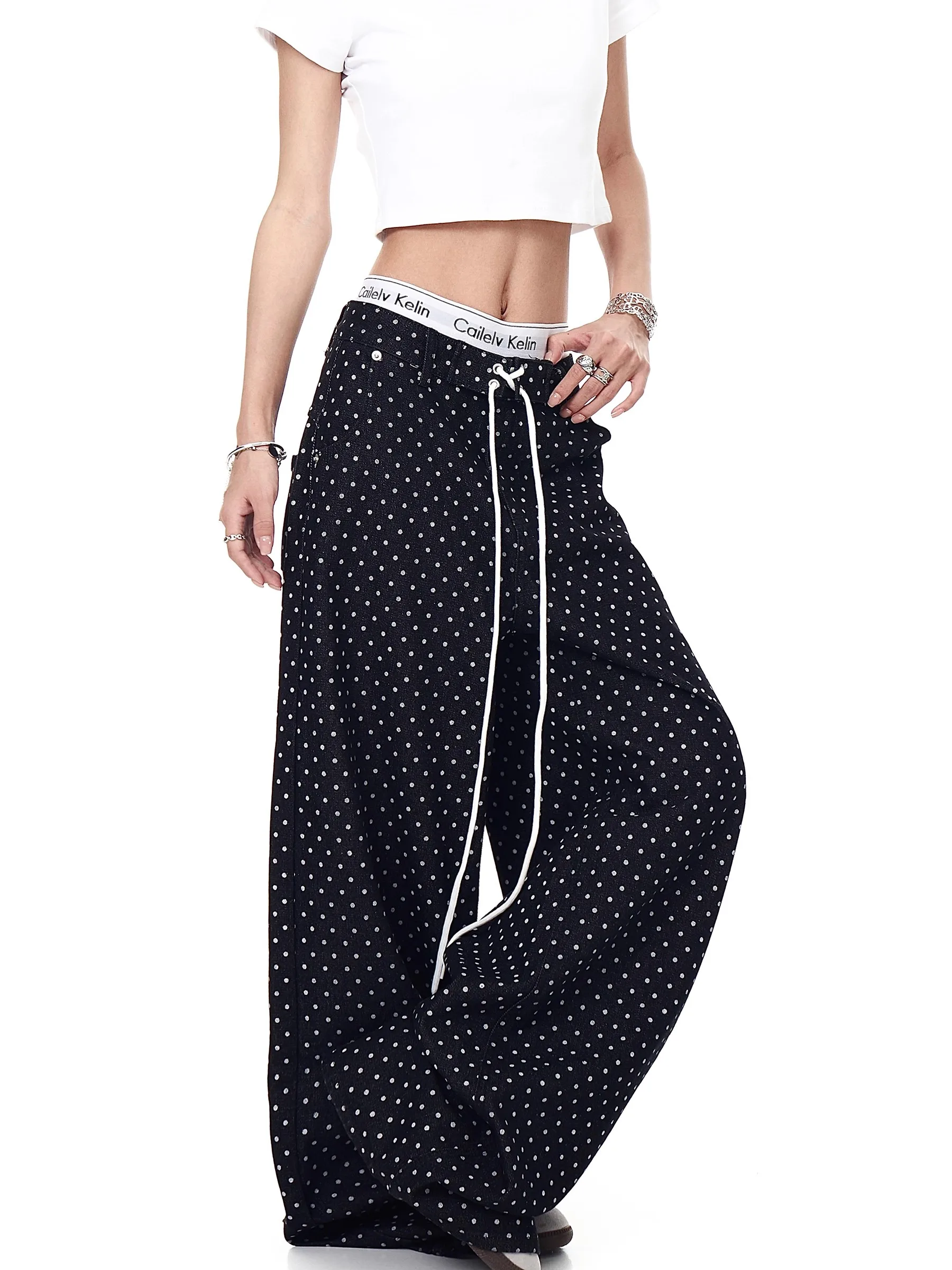 جينز نسائي أسود برباط منقط برباط على الموضة بنمط هاراجوكو كوري عصري فضفاض مستقيم سروال غير رسمي بنطلون