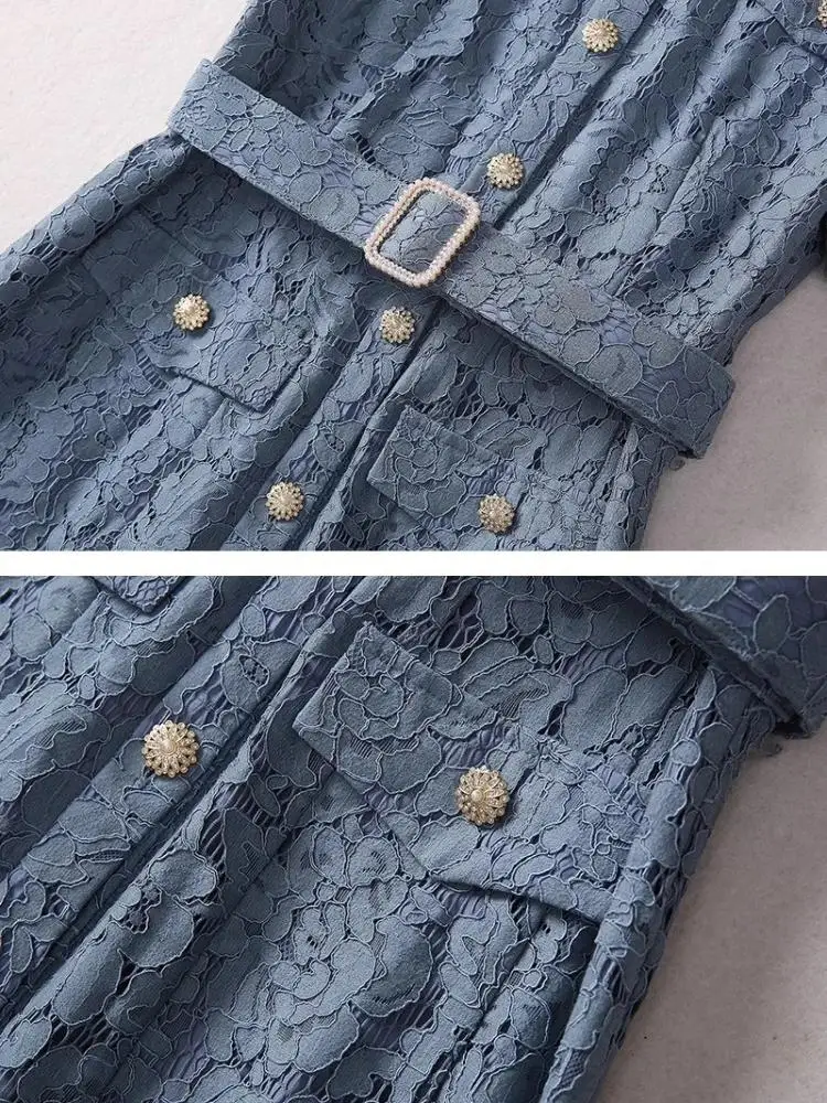 Verão com decote em v manga curta diamantes único breasted cinto midi vestido moda designer malha emendado renda sólida uma linha vestidos