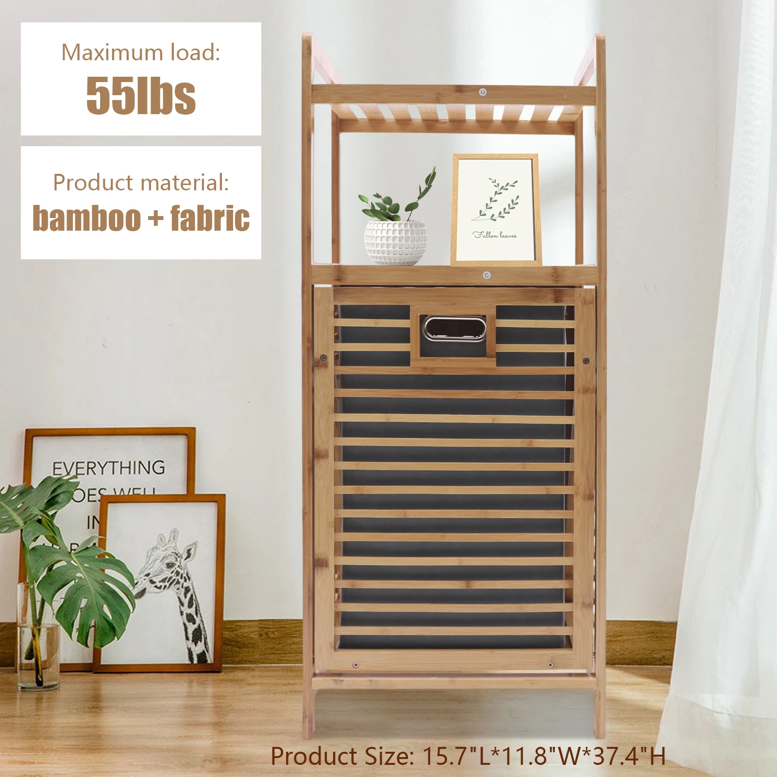 Bamboo Bathroom Laundry Hamper Cabinet Tilt Out Basket Storage with 2-Tier Shelf