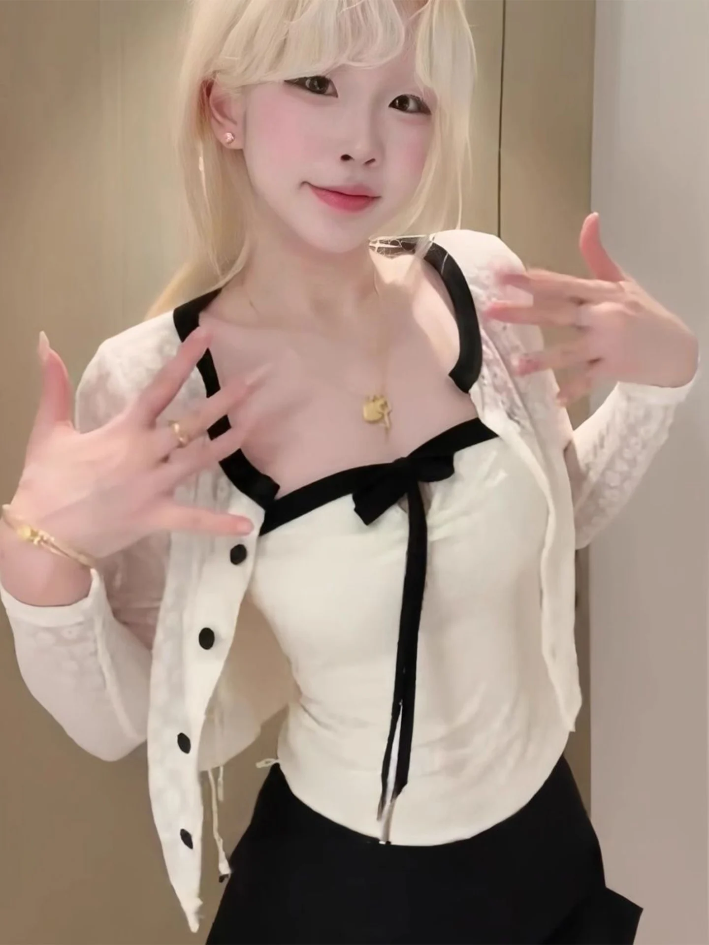 Spicy Girl Lace  Knot Long Sleeve Neck Hanging Strap Cardigan Women's Autumn Gentle Chest Baring Two-Piece Set