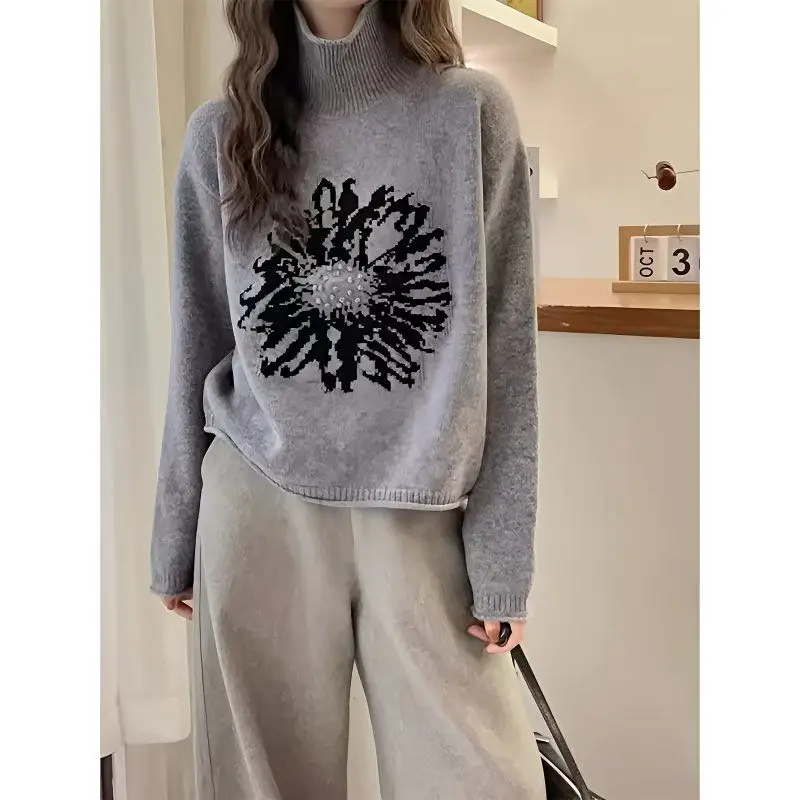 

Korean Style Turtleneck Jacquard Knitted Sweater 2025 Autumn Winter Women Solid Sweater Female Soft Pullover Casual Bottom Shirt