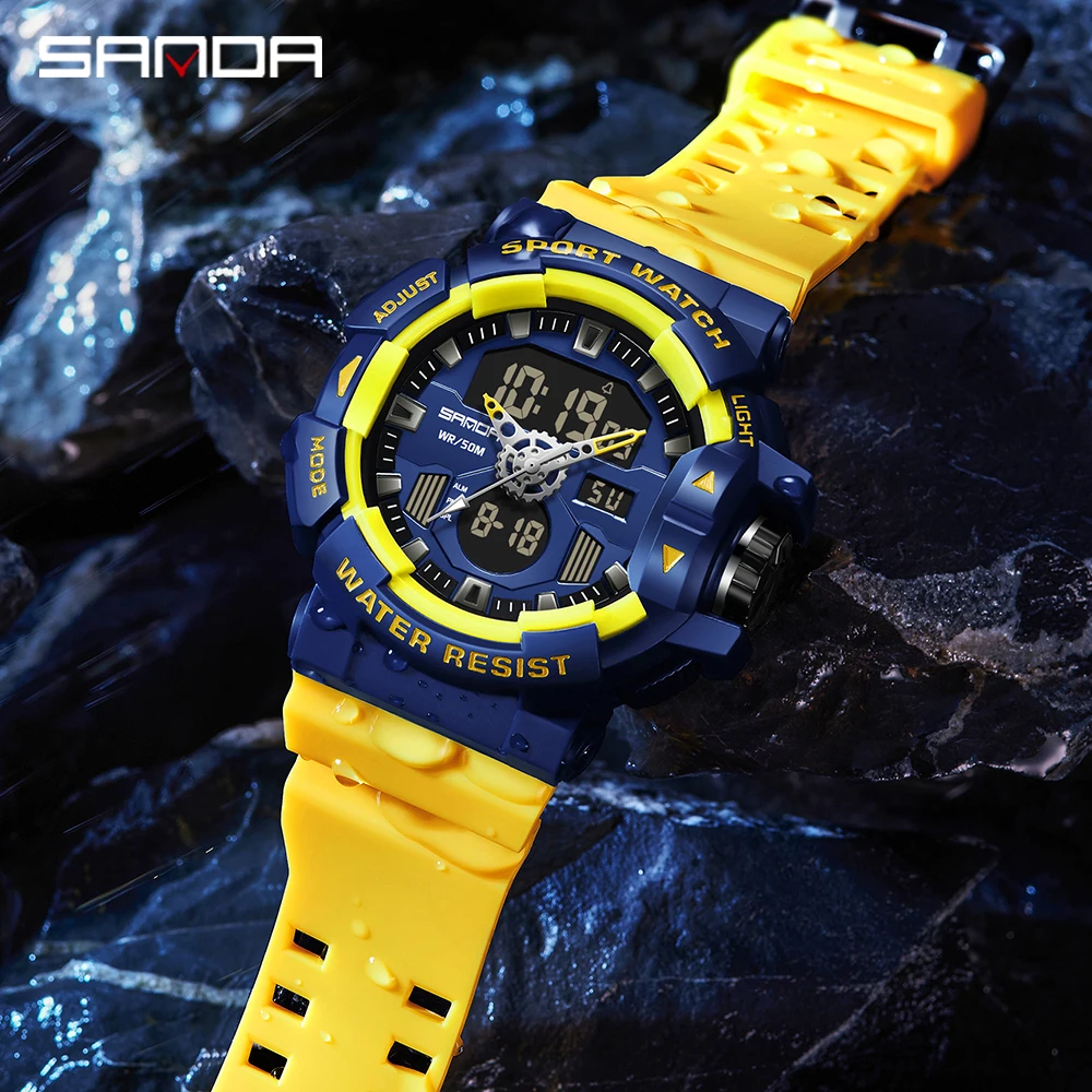 SANDA 2023 New Men's Watches Dual Display Watch 50M Waterproof Sports Military Quartz Wristwatch Clock Relogio Masculino 3129