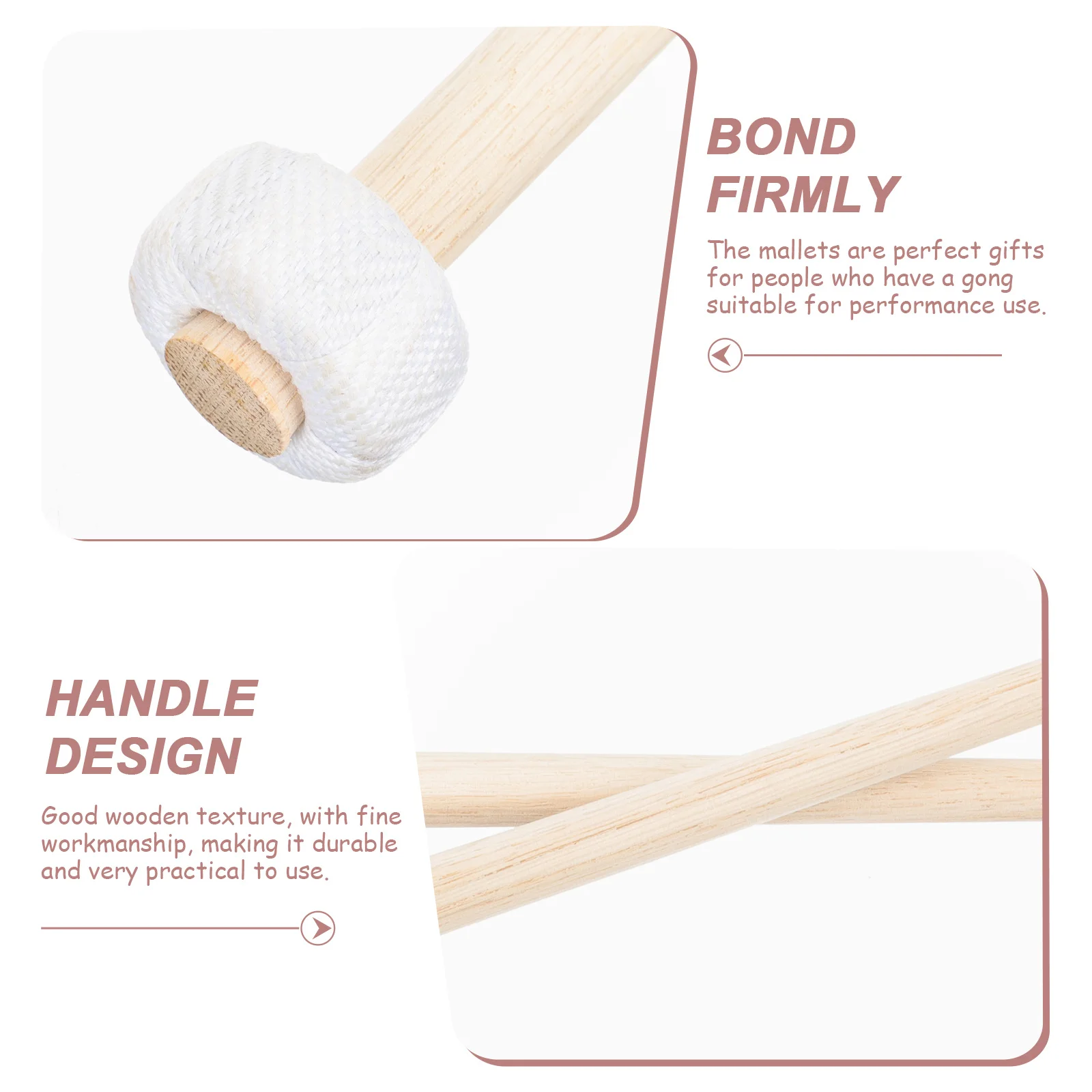 

2pcs Wooden Mallets Rubber Head For Gong Percussion Instrument Accessories Wood Handle Hammer Gong Parts Performance Use