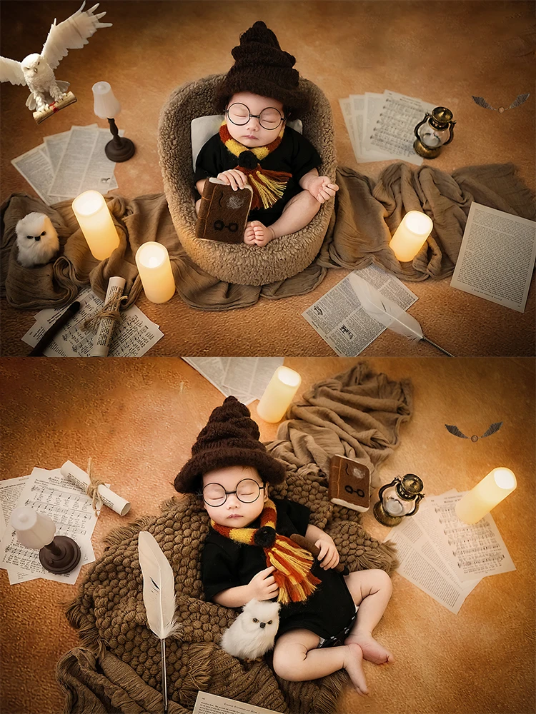 Newborn Photography Props Magic Academy Theme Wizard Hat+Scarf Book Owl Plush Magic Wand for Baby Photo Studio Shoot Accessories