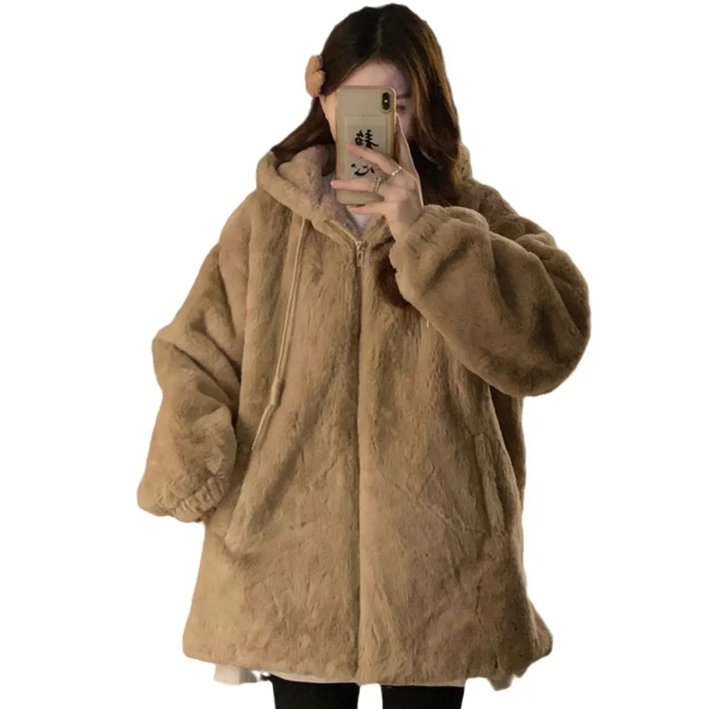 

Women's Fleece-Lined Hooded Cotton-Padded Coat Warm Plush Autumn Winter Outerwear Loose Fit Lamb's Wool Furry Coat