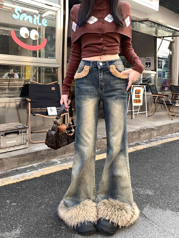 REDDACHiC Furry Cuffs Women Flared Jeans Winter Patchwork Relaxed Fit Distressed Low Waist Bootcut Pants Trendy Y2k Streetwear