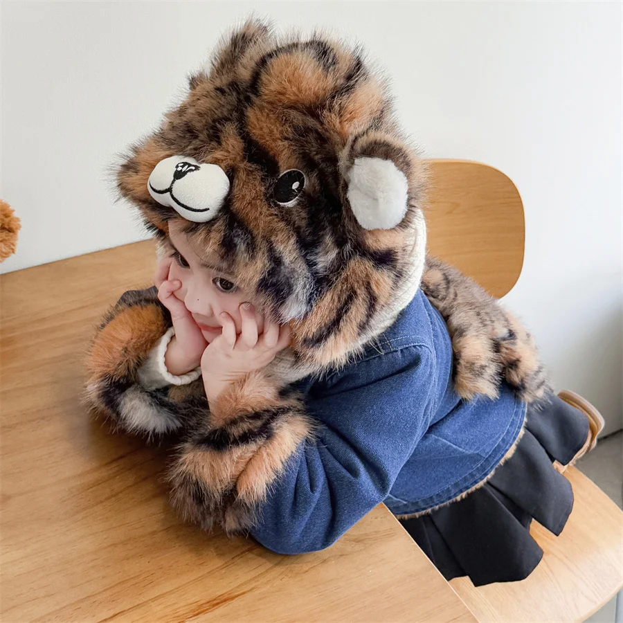 لطيف نمط الطفل الشتاء النمر الدنيم سترة مع غطاء محرك السيارة للطفل صبي الفتيات جميل صوف مبطن معطف الطفل الملابس الدافئة الدافئة 2-9Y