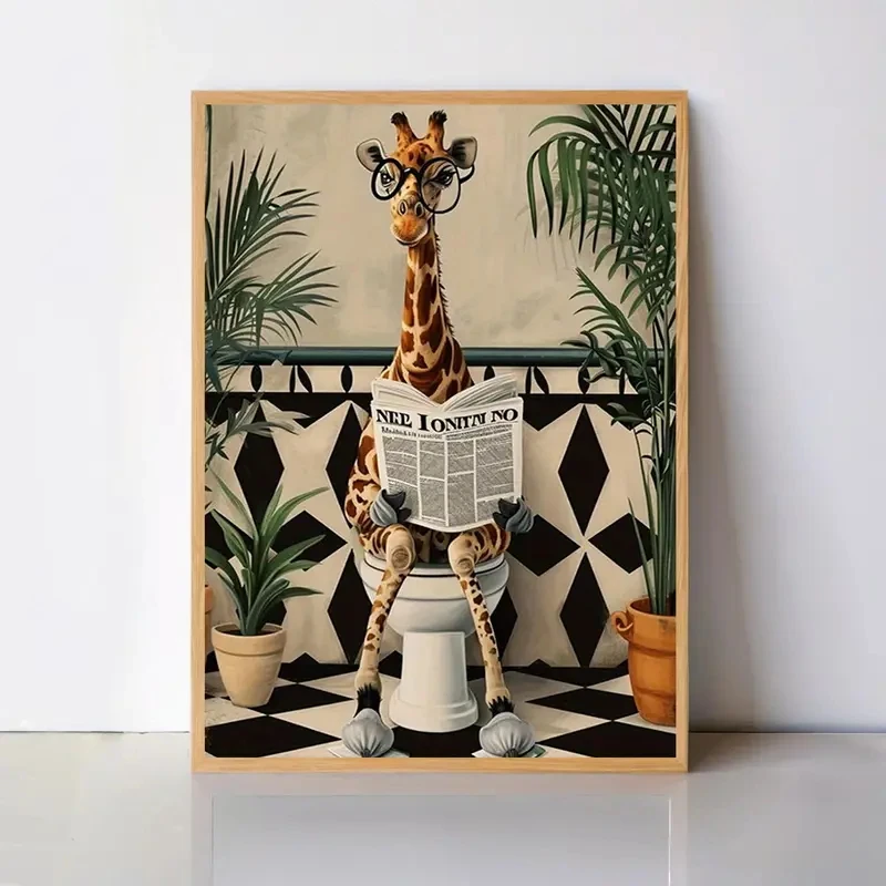 Giraffe Reading Newspaper Wall Art Prints Canvas Painting Poster Picture For Living Dining Play Room Home Decor