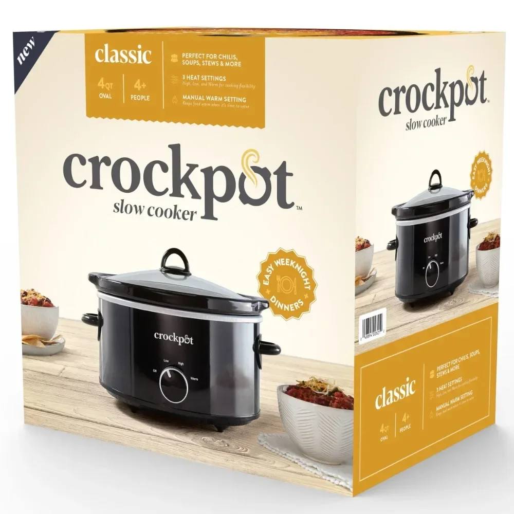 4-Quart Classic Slow Cooker Black Keep Warm Setting 3 Manual Heat Settings Stoneware and Lid Both Dishwasher-safe