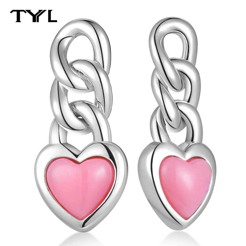 

TYYL Classic Style Lady 925 Silver Needle Twisted Chain Pink Heart Plastic Drop Earrings Romantic Couple Gift Lady Jewelry