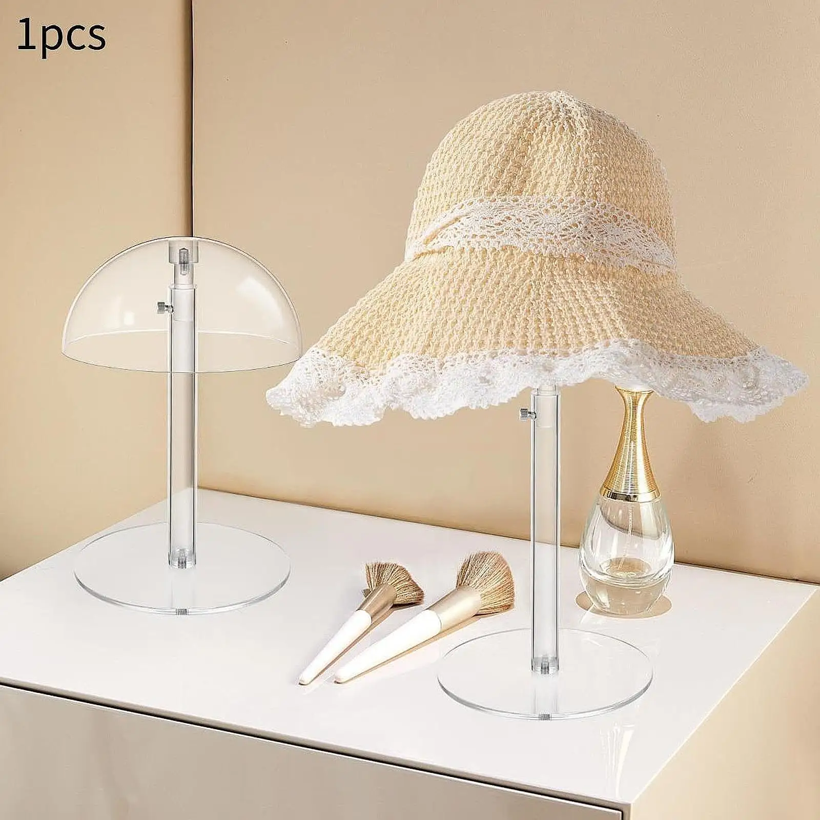 

Acrylic Hat Display Stand Height Adjustable Tabletop Checkroom Wig Holder