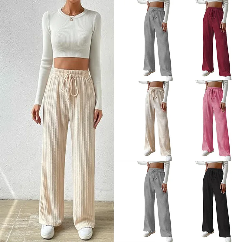 المرأة عادية مستقيم الساق السراويل محكم محبوك مطوي السراويل الإناث عالية قطع موضة مرونة الخصر واسعة الساق السراويل الطويلة