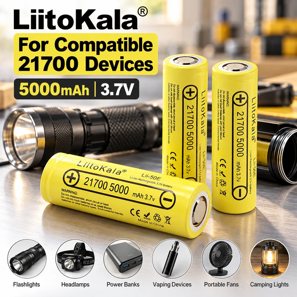 Akumulator LiitoKala Lii-50E 3.7V 21700 5000mAh, ładowalny, o wysokiej mocy rozładowania 5C, do urządzeń elektronicznych i latarek. — zdjęcie produktu 4