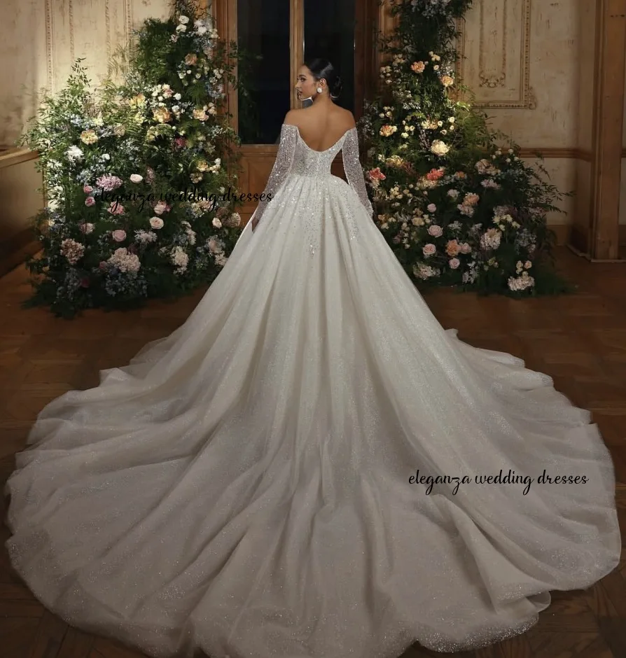 Customized New Arrival Off the Shoulder Glitter Wedding Dress Long Sleeve Ball Gown Backless Robe de Mariée Vestido de novia