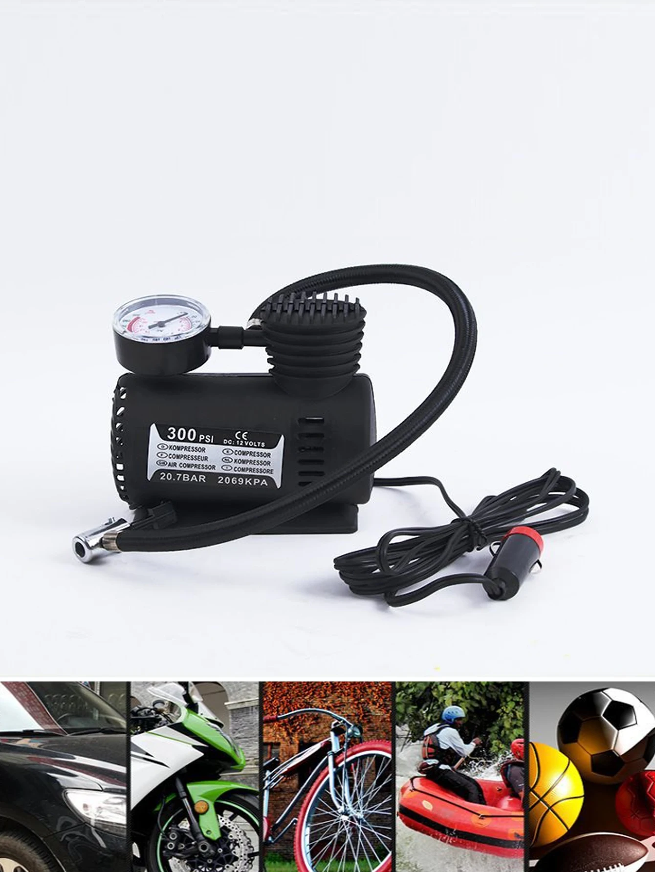 Portable Car Electric Air Pump 12V 300PSI Mini Air Compressor Inflator for Bicycle Tires Ball Suitable Camping Trips Car Tools