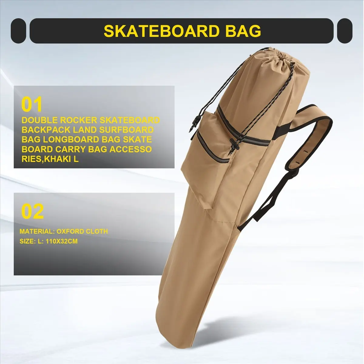 【STOCK】Double Rocker Skateboard Backpack Land Surfboard Bag Longboard Bag Skateboard Carry Bag Accessories,Khaki L