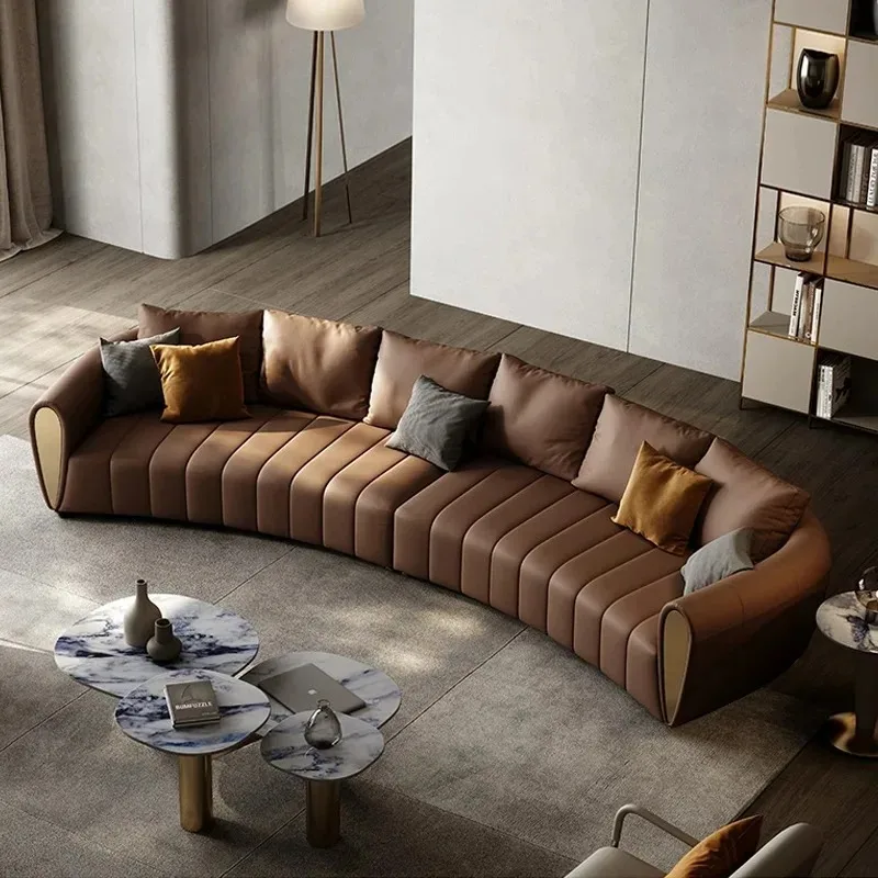 leather sofa first layer cowhide Italian minimalist high-end villa large flat floor living room four people straight row sofa