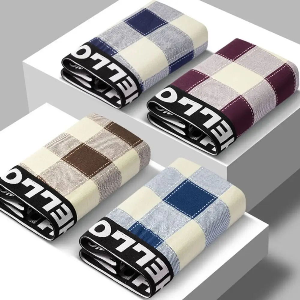 

5PCS Soft Striped Grid Men Underwear Plaid Mid-Waist Boxer Shorts Male Lingerie Breathable Seamless Panties Male