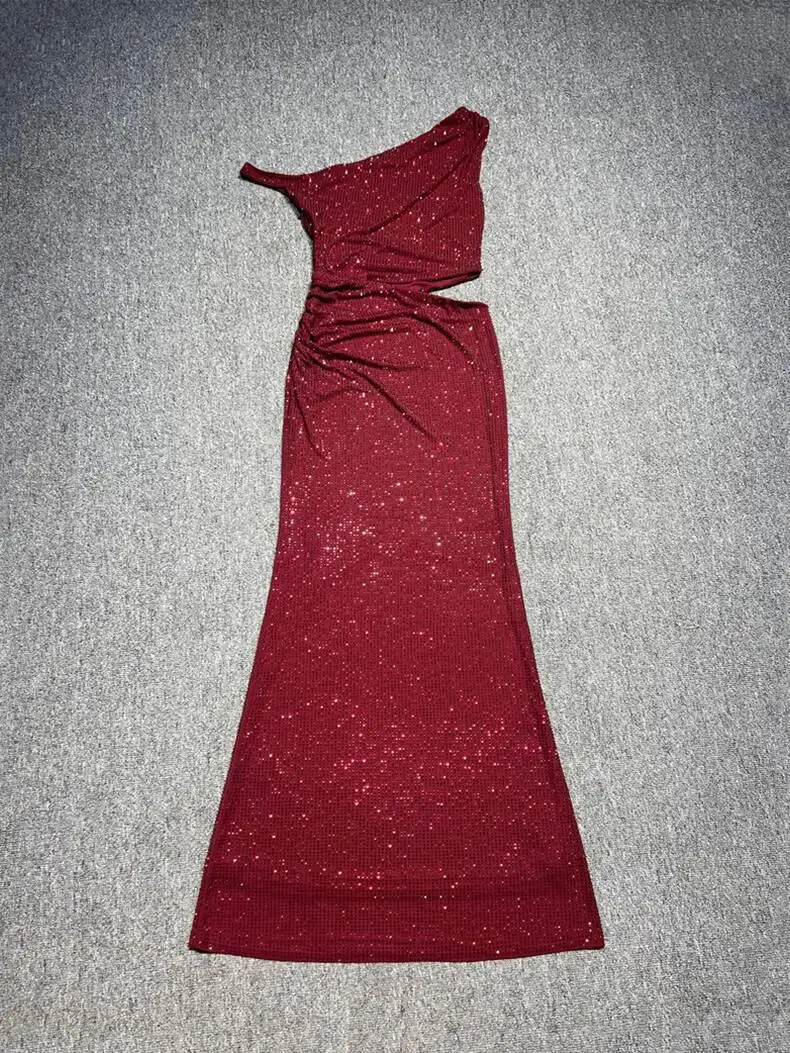 LEOSOXS 2025 セレブリティ セクシー ワンショルダー ビーズ カットアウト ダークブルー ボディコン バンテージドレス イブニング ステージ パフォーマンス ドレス ベスティド