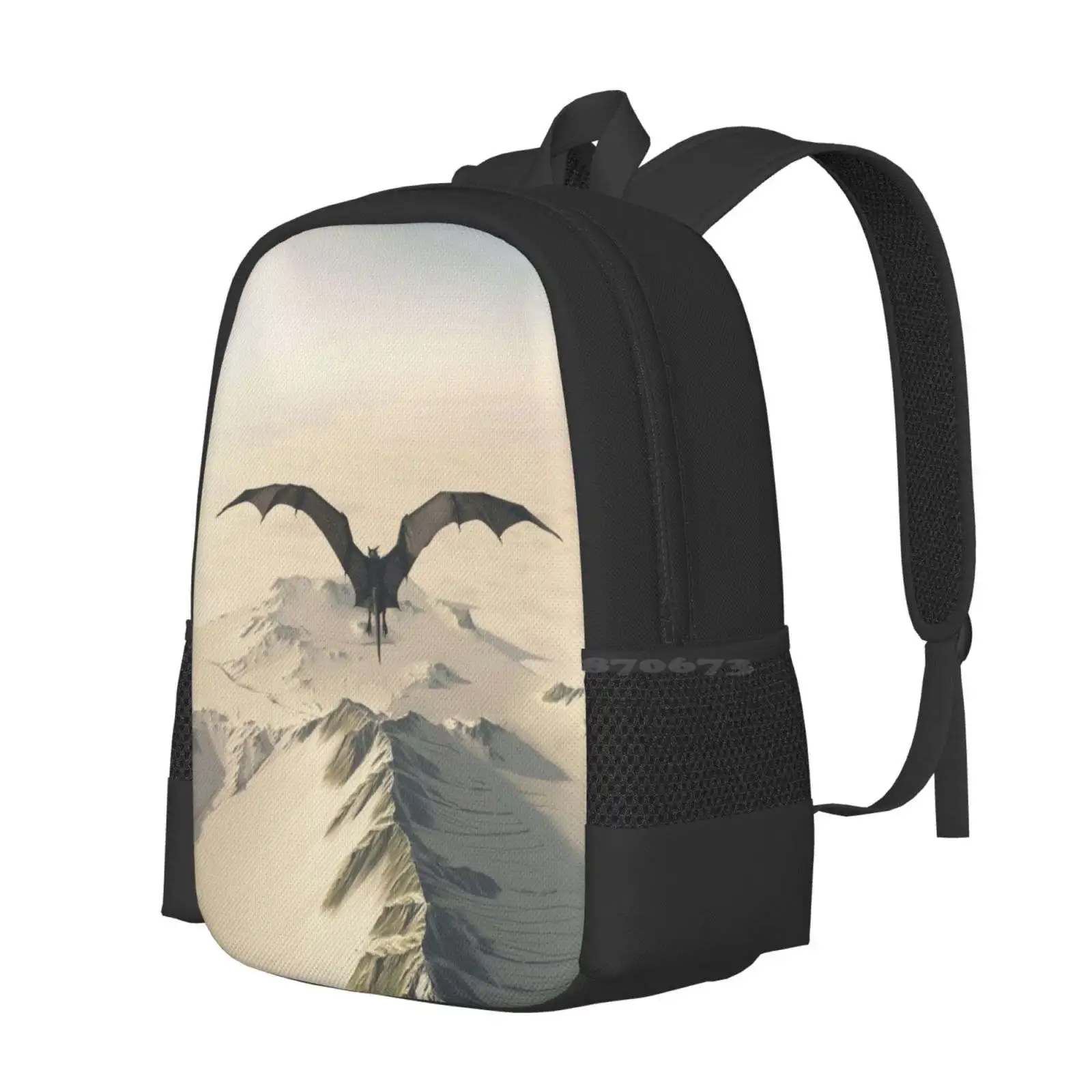 Grey Dragon Flight Over Snowy Mountains Teen College Student Backpack Pattern Design Bags Dragon Monster Creature Beast Reptile