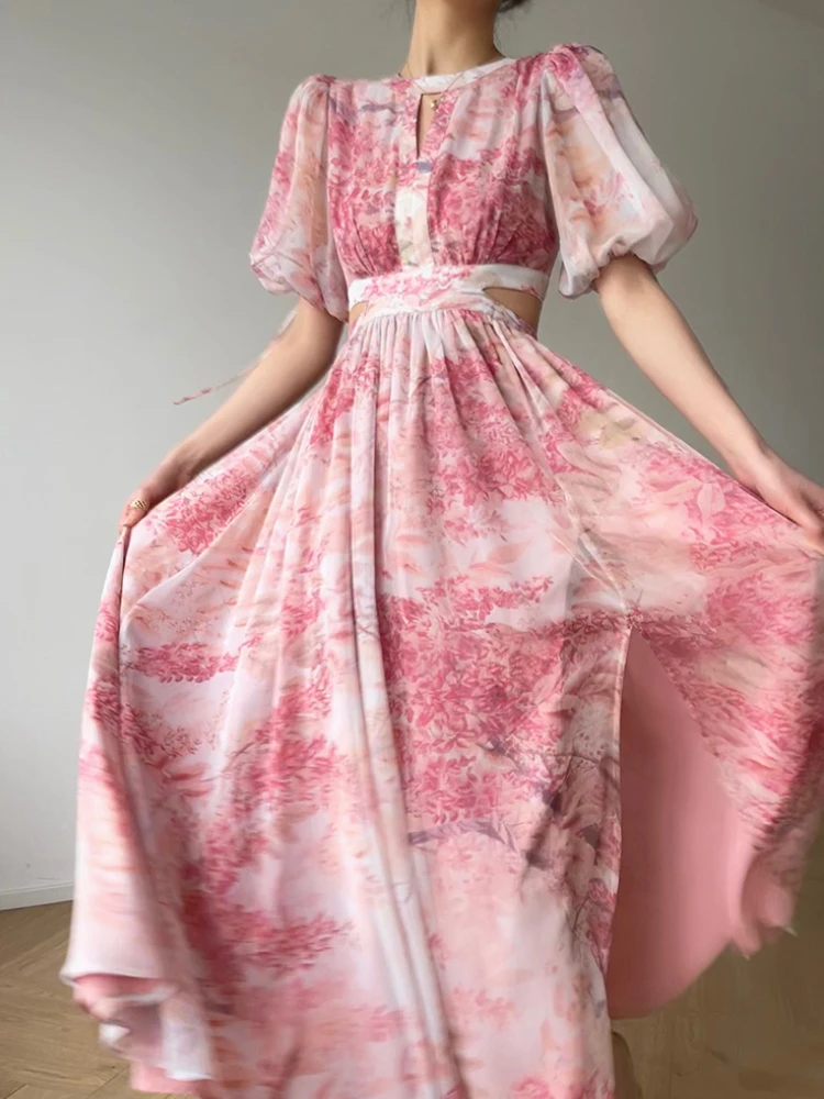 Zomer Dames Bloemen Elegante Casual Midi Lange Jurk Vintage Geplooide Slanke Mode Maxi Boho Vestidos Vrouwelijke Chique Gewaad Mujers Nieuw