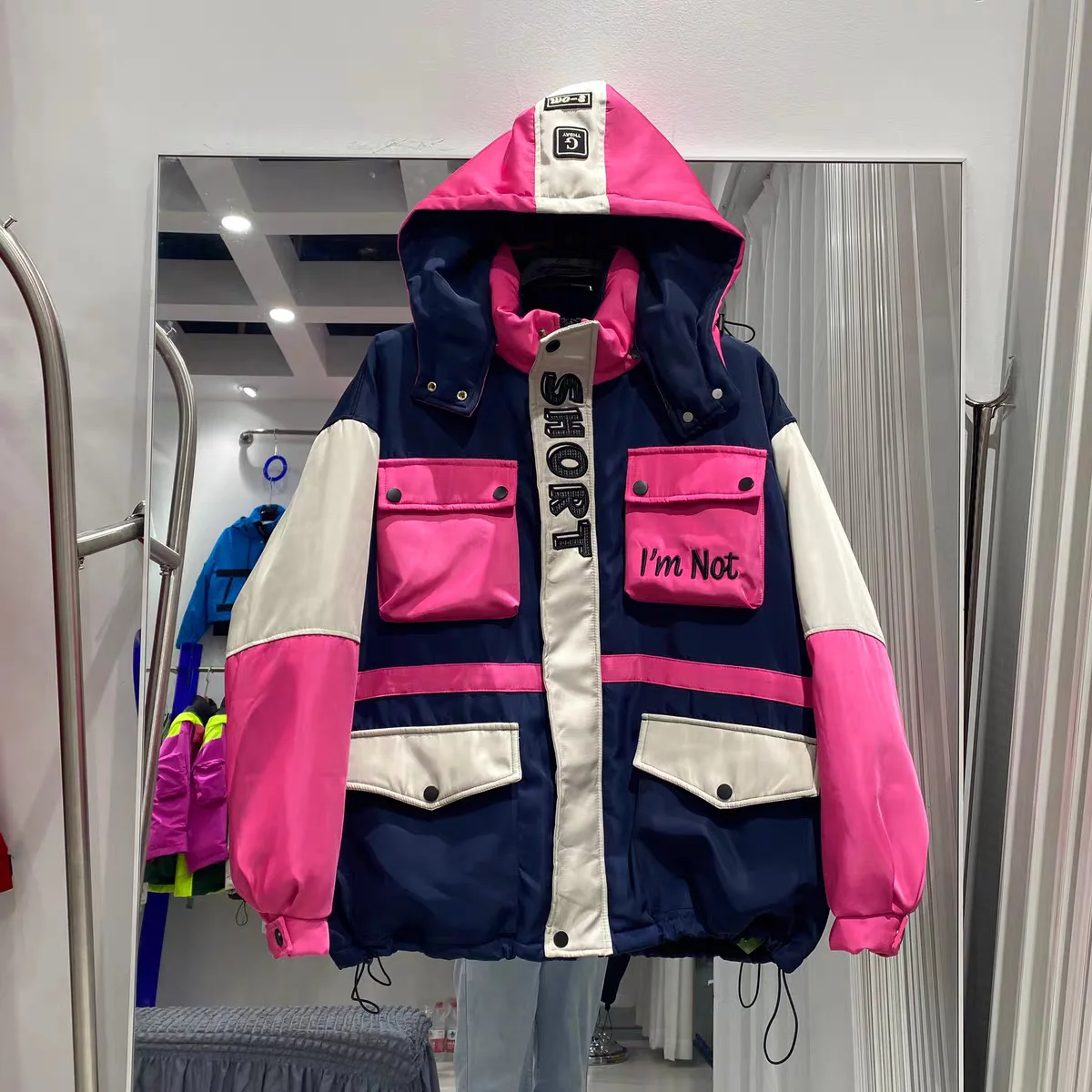 

Winter Patchwork Letter Embroidery Down Jacket Female Drawstring Warm Quilted Jacke Women White Duck Down Hooded Parker Outwear